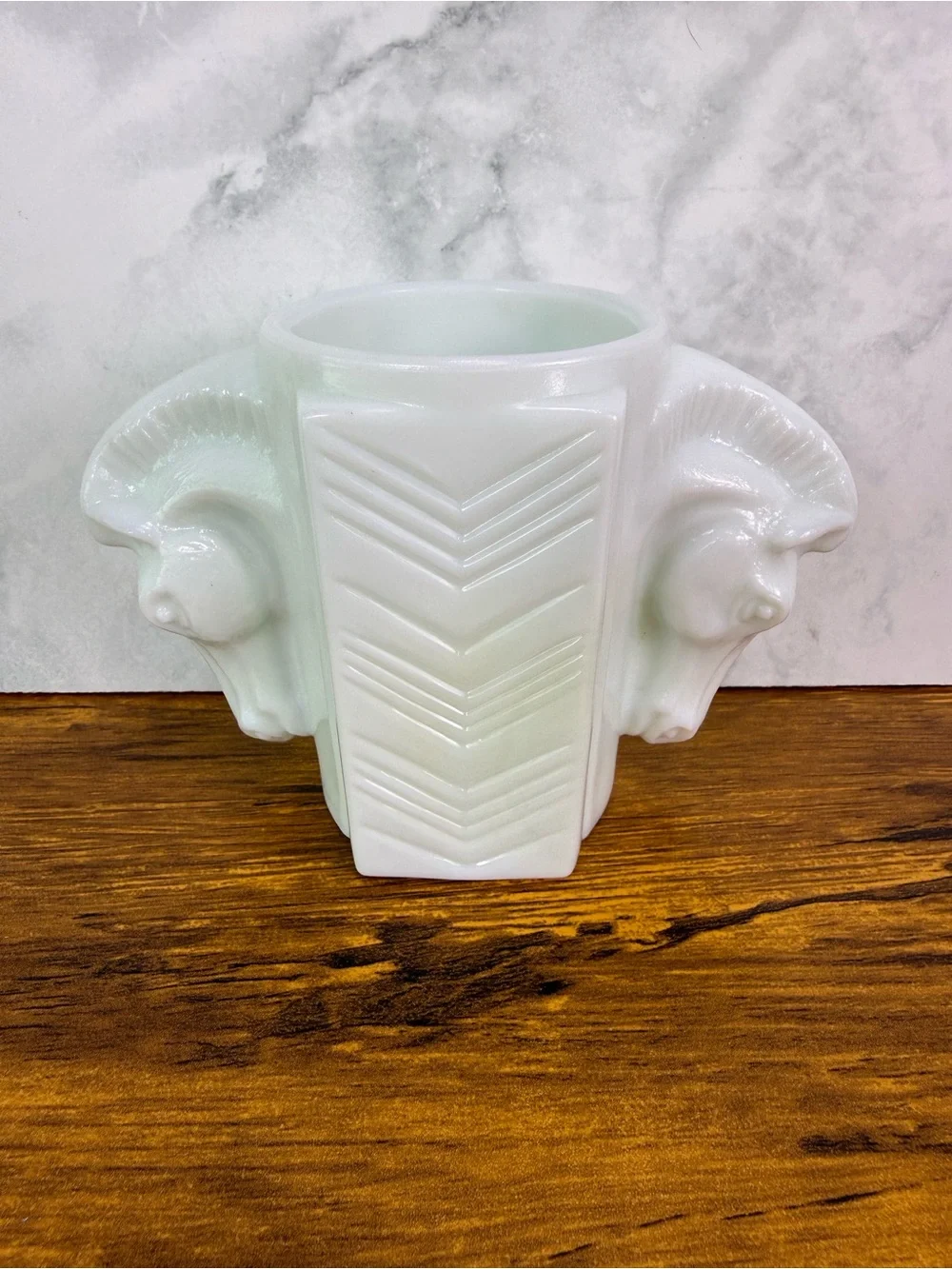 Vintage Macbeth Evans Milk Glass Double Horse Head Vase Art Deco Shave Cup